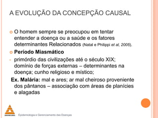 A EVOLUÇÃO DA CONCEPÇÃO CAUSAL
O homem sempre se preocupou em tentar
entender a doença ou a saúde e os fatores
determinantes Relacionados (Natal e Philippi et al, 2005).
 Período Miasmático
• primórdio das civilizações até o século XIX;
domínio de forças externas – determinantes na
doença; cunho religioso e místico;
Ex. Malária: mal e ares; ar mal cheiroso proveniente
dos pântanos – associação com áreas de planícies
e alagadas


Epidemiologia e Gerenciamento das Doenças

 