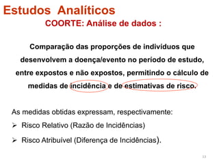 Estudos Analíticos
           COORTE: Análise de dados :

      Comparação das proporções de indivíduos que
   desenvolvem a doença/evento no período de estudo,
  entre expostos e não expostos, permitindo o cálculo de
      medidas de incidência e de estimativas de risco.


 As medidas obtidas expressam, respectivamente:
 Ø  Risco Relativo (Razão de Incidências)

 Ø  Risco Atribuível (Diferença de Incidências).

                                                         13	
  
 