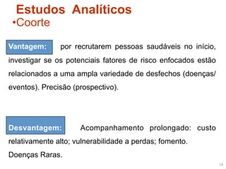 Estudos Analíticos
 • Coorte

Vantagem:      por recrutarem pessoas saudáveis no início,
investigar se os potenciais fatores de risco enfocados estão
relacionados a uma ampla variedade de desfechos (doenças/
eventos). Precisão (prospectivo).




Desvantagem:         Acompanhamento prolongado: custo
relativamente alto; vulnerabilidade a perdas; fomento.
Doenças Raras.
                                                               18	
  
 