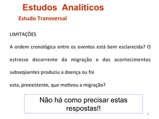 Estudos Analíticos
      Estudo	
  Transversal	
  

LIMITAÇÕES	
  

A	
   ordem	
   cronológica	
   entre	
   os	
   eventos	
   está	
   bem	
   esclarecida?	
   O	
  

estresse	
   decorrente	
   da	
   migração	
   e	
   dos	
   acontecimentos	
  

subseqüentes	
  produziu	
  a	
  doença	
  ou	
  foi	
  

esta,	
  preexistente,	
  que	
  mo4vou	
  a	
  migração?	
  	
  

                    Não há como precisar estas
                            respostas!!
                                                                                                12	
  
 