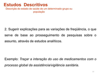 Estudos Descritivos
Descrição do estado de saúde de um determinado grupo ou
                       população




2. Sugerir explicações para as variações de freqüência, o que
serve de base ao prosseguimento de pesquisas sobre o
assunto, através de estudos analíticos.




Exemplo: Traçar a interação do uso de medicamentos com o
processo global da assistência/vigilância sanitária.
                                                          17	
  
 