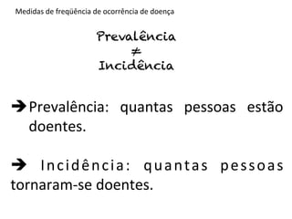 Medidas	
  de	
  freqüência	
  de	
  ocorrência	
  de	
  doença	
  


                                  Prevalência
                                       ≠
                                  Incidência


è Prevalência:	
   quantas	
   pessoas	
   estão	
  
   doentes.	
  

è	
   I n c i d ê n c i a :	
   q u a n t a s	
   p e s s o a s	
  
tornaram-­‐se	
  doentes.	
  	
  
 
