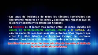 •  Las	
   tasas	
   de	
   incidencia	
   de	
   todos	
   los	
   cánceres	
   combinados	
   son	
  
ligeramente	
  menores	
  en	
  los	
  niños	
  y	
  adolescentes	
  hispanos	
  que	
  en	
  
los	
  niños	
  y	
  adolescentes	
  blancos	
  no	
  hispanos.	
  
•  La	
   leucemia	
   es	
   el	
   cáncer	
   más	
   común	
   entre	
   los	
   niños,	
   seguida	
   del	
  
cáncer	
   de	
   cerebro/sistema	
   nervioso	
   central	
   y	
   el	
   linfoma.	
   Los	
  
cánceres	
  infan3les	
  con	
  tasas	
  más	
  altas	
  entre	
  los	
  niños	
  hispanos	
  que	
  
entre	
   los	
   niños	
   blancos	
   no	
   hispanos	
   incluyen	
   la	
   leucemia,	
  
osteosarcoma,	
  tumores	
  de	
  células	
  germinales	
  y	
  re3noblastoma.	
  	
   	
  	
  
Los	
  niños	
  hispanos	
  3enen	
  las	
  tasas	
  más	
  altas	
  de	
  leucemia,	
  el	
  doble	
  de	
  
la	
  de	
  los	
  niños	
  afroamericanos	
  	
  
 