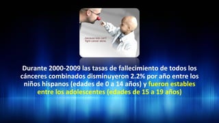  
	
  
	
  
Durante	
  2000-­‐2009	
  las	
  tasas	
  de	
  fallecimiento	
  de	
  todos	
  los	
  
cánceres	
  combinados	
  disminuyeron	
  2.2%	
  por	
  año	
  entre	
  los	
  
niños	
  hispanos	
  (edades	
  de	
  0	
  a	
  14	
  años)	
  y	
  fueron	
  estables	
  
entre	
  los	
  adolescentes	
  (edades	
  de	
  15	
  a	
  19	
  años)	
  	
  
 