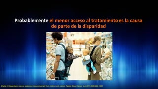 Probablemente	
  el	
  menor	
  acceso	
  al	
  tratamiento	
  es	
  la	
  causa	
  
de	
  parte	
  de	
  la	
  disparidad	
  
Bhatia S. Disparities in cancer outcomes: lessons learned from children with cancer. Pediatr Blood Cancer. Jun 2011;56(6):994-1002.
 