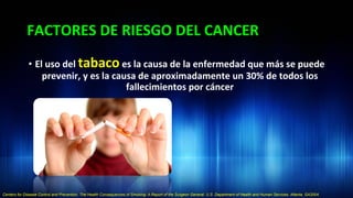 FACTORES	
  DE	
  RIESGO	
  DEL	
  CANCER	
  
•  El	
  uso	
  del	
  tabaco	
  es	
  la	
  causa	
  de	
  la	
  enfermedad	
  que	
  más	
  se	
  puede	
  
prevenir,	
  y	
  es	
  la	
  causa	
  de	
  aproximadamente	
  un	
  30%	
  de	
  todos	
  los	
  
fallecimientos	
  por	
  cáncer	
  
Centers for Disease Control and Prevention. The Health Consequences of Smoking: A Report of the Surgeon General. U.S. Department of Health and Human Services. Atlanta, GA2004.
 