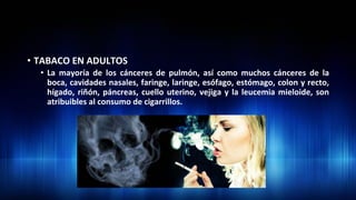 •  TABACO	
  EN	
  ADULTOS	
  
•  La	
   mayoría	
   de	
   los	
   cánceres	
   de	
   pulmón,	
   así	
   como	
   muchos	
   cánceres	
   de	
   la	
  
boca,	
  cavidades	
  nasales,	
  faringe,	
  laringe,	
  esófago,	
  estómago,	
  colon	
  y	
  recto,	
  
hígado,	
  riñón,	
  páncreas,	
  cuello	
  uterino,	
  vejiga	
  y	
  la	
  leucemia	
  mieloide,	
  son	
  
atribuibles	
  al	
  consumo	
  de	
  cigarrillos.	
  	
  
 
