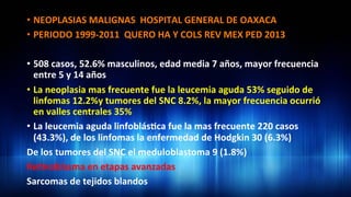 •  NEOPLASIAS	
  MALIGNAS	
  	
  HOSPITAL	
  GENERAL	
  DE	
  OAXACA	
  
•  PERIODO	
  1999-­‐2011	
  	
  QUERO	
  HA	
  Y	
  COLS	
  REV	
  MEX	
  PED	
  2013	
  
•  508	
  casos,	
  52.6%	
  masculinos,	
  edad	
  media	
  7	
  años,	
  mayor	
  frecuencia	
  
entre	
  5	
  y	
  14	
  años	
  
•  La	
  neoplasia	
  mas	
  frecuente	
  fue	
  la	
  leucemia	
  aguda	
  53%	
  seguido	
  de	
  
linfomas	
  12.2%y	
  tumores	
  del	
  SNC	
  8.2%,	
  la	
  mayor	
  frecuencia	
  ocurrió	
  
en	
  valles	
  centrales	
  35%	
  
•  La	
  leucemia	
  aguda	
  linfoblás3ca	
  fue	
  la	
  mas	
  frecuente	
  220	
  casos	
  
(43.3%),	
  de	
  los	
  linfomas	
  la	
  enfermedad	
  de	
  Hodgkin	
  30	
  (6.3%)	
  
De	
  los	
  tumores	
  del	
  SNC	
  el	
  meduloblastoma	
  9	
  (1.8%)	
  
Re3noblasma	
  en	
  etapas	
  avanzadas	
  	
  
Sarcomas	
  de	
  tejidos	
  blandos	
  	
  
 