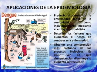 APLICACIONES DE LA EPIDEMIOLOGIA
• Predecir el curso de la
enfermedad tanto en la
comunidad como
individualmente mediante
el enfoque probabilista.
• Describir los factores que
aumentan el riesgo de
contraer una enfermedad.
• Obtener una comprensión
más profunda de los
procesos biológicos. Es
decir ver en qué
circunstancias disminuye o
aumenta su frecuencia
 