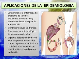 APLICACIONES DE LA EPIDEMIOLOGIA
• Determinar si la enfermedad o
problema de salud es
prevenible o controlable y
determinar las estrategias de
intervención.
• Identificar nuevos síndromes.
• Plantear el estudio etiológico
de los eventos de salud.
• Vigilar la patología de un área
y los programas instaurados
por los organismos sanitarios y
contribuir a los aspectos de
planificación en salud para su
evaluación
 