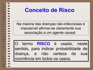 Conceito de Risco Na maioria das doenças não-infecciosas é impossível afirmar-se claramente sua associação a um agente causal.  O termo  RISCO  é usado, neste sentido, para indicar probabilidade de doença, e não certeza de sua ocorrência em todos os casos. 