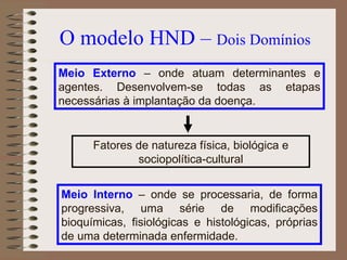 O modelo HND –  Dois Domínios Meio Externo  – onde atuam determinantes e agentes. Desenvolvem-se todas as etapas necessárias à implantação da doença. Fatores de natureza física, biológica e sociopolítica-cultural Meio Interno  – onde se processaria, de forma progressiva, uma série de modificações bioquímicas, fisiológicas e histológicas, próprias de uma determinada enfermidade. 