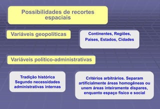 Possibilidades de recortes
espaciais
Variáveis geopolíticas
Variáveis político-administrativas
Continentes, Regiões,
Países, Estados, Cidades
Critérios arbitrários. Separam
artificialmente áreas homogêneas ou
unem áreas inteiramente dispares,
enquanto espaço físico e social
Tradição histórica
Segundo necessidades
administrativas internas
 