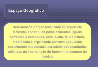 Espaço Geográfico
Determinada porção localizada da superfície
terrestre, constituída pelos acidentes, águas
correntes e estanques, solo, clima, fauna e flora,
modificada e organizada por uma população
socialmente estruturada, acrescida dos resultados
objetivos da intervenção do homem no decurso da
história
 