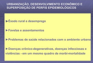 ►Êxodo rural e desemprego
►Favelas e assentamentos
►Problemas de saúde relacionados com o ambiente urbano
►Doenças crônico-degenerativas, doenças infecciosas e
violências - em um mesmo quadro de morbi-mortalidade
URBANIZAÇÃO, DESENVOLVIMENTO ECONÔMICO E
SUPERPOSIÇÃO DE PERFIS EPIDEMIOLÓGICOS
 