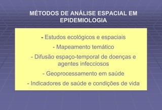 MÉTODOS DE ANÁLISE ESPACIAL EM
EPIDEMIOLOGIA
- Estudos ecológicos e espaciais
- Mapeamento temático
- Difusão espaço-temporal de doenças e
agentes infecciosos
- Geoprocessamento em saúde
- Indicadores de saúde e condições de vida
 