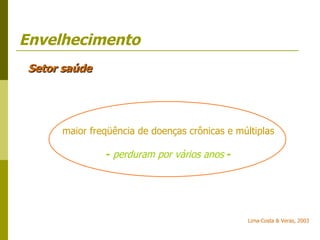 Envelhecimento Setor saúde maior freqüência de doenças crônicas e múltiplas -   perduram por vários anos   - Lima-Costa & Veras, 2003 