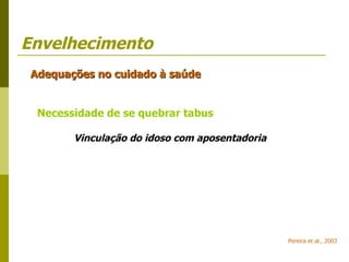 Envelhecimento Adequações no cuidado à saúde Necessidade de se quebrar tabus Vinculação do idoso com aposentadoria Pereira et al., 2003 