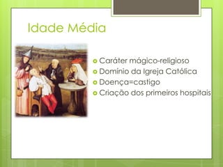 Idade Média
 Caráter mágico-religioso
 Domínio da Igreja Católica
 Doença=castigo
 Criação dos primeiros hospitais
 