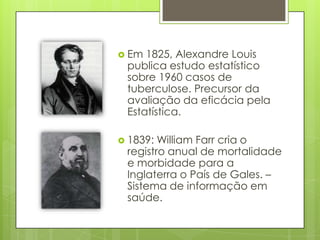  Em 1825, Alexandre Louis
publica estudo estatístico
sobre 1960 casos de
tuberculose. Precursor da
avaliação da eficácia pela
Estatística.
 1839: William Farr cria o
registro anual de mortalidade
e morbidade para a
Inglaterra o País de Gales. –
Sistema de informação em
saúde.
 