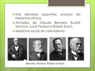  Nas décadas seguintes: avanço da
medicina clínica.
 Achados de Claude Bernard, Rudolf
Virchow, Louis Pasteur e Robert Koch.
 Medicina social do colonialismo
Bernard, Virchow, Pasteur e Koch.
 