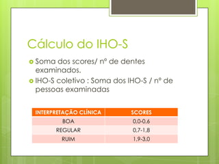 Cálculo do IHO-S
 Soma dos scores/ nº de dentes
examinados.
 IHO-S coletivo : Soma dos IHO-S / nº de
pessoas examinadas
INTERPRETAÇÃO CLÍNICA SCORES
BOA 0,0-0,6
REGULAR 0,7-1,8
RUIM 1,9-3,0
 