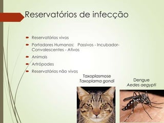 Reservatórios de infecção
 Reservatórios vivos
 Portadores Humanos: Passivos - Incubador-
Convalescentes - Ativos
 Anim...