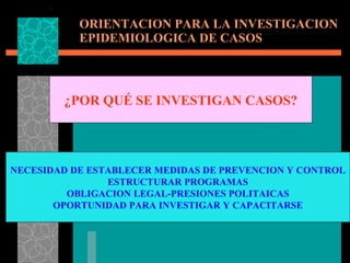 ORIENTACION PARA LA INVESTIGACION EPIDEMIOLOGICA DE CASOS ¿POR QUÉ SE INVESTIGAN CASOS? NECESIDAD DE ESTABLECER MEDIDAS DE PREVENCION Y CONTROL ESTRUCTURAR PROGRAMAS OBLIGACION LEGAL-PRESIONES POLITAICAS OPORTUNIDAD PARA INVESTIGAR Y CAPACITARSE 