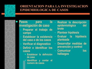 ORIENTACION PARA LA INVESTIGACION EPIDEMIOLOGICA DE CASOS Pasos para la investigación de caso Preparar el trabajo de campo Establecer la existencia del caso o de los casos Verificar el diagnostico Definir e identificar los casos Establecer la definición de caso Identificar y contar el numero de casos Realizar la descripción epidemiológica del brote Plantear hipótesis Evaluar la hipótesis planteada Desarrollar medidas de prevención y control Comunicar los hallazgos 