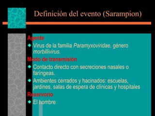Definición del evento (Sarampion) Agente Virus de la familia  Paramyxoviridae,  género  morbillivirus. Modo de transmisión Contacto directo con secreciones nasales o faríngeas.  Ambientes cerrados y hacinados: escuelas, jardines, salas de espera de clínicas y hospitales Reservorio El hombre 