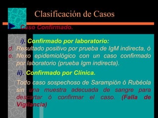 Clasificación de Casos Caso Confirmado. i ).  Confirmado por laboratorio: Resultado positivo por prueba de IgM indirecta, ó Nexo epidemiológico con un caso confirmado por laboratorio (prueba Igm indirecta). ii).  Confirmado por Clínica. Todo caso sospechoso de Sarampión ó Rubéola sin  una muestra adecuada de sangre para descartar ó confirmar el caso.  (Falla de Vigilancia) 