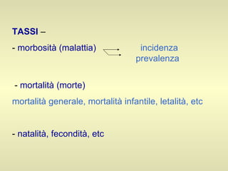 TASSI  –  -  morbosità (malattia)   incidenza   prevalenza -  mortalità (morte)   mortalità generale, mortalità infantile, letalità, etc  -  natalità, fecondità, etc 