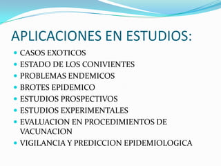APLICACIONES EN ESTUDIOS: CASOS EXOTICOSESTADO DE LOS CONIVIENTESPROBLEMAS ENDEMICOSBROTES EPIDEMICOESTUDIOS PROSPECTIVOSESTUDIOS EXPERIMENTALESEVALUACION EN PROCEDIMIENTOS DE VACUNACIONVIGILANCIA Y PREDICCION EPIDEMIOLOGICA