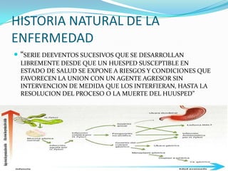 HISTORIA NATURAL DE LA ENFERMEDAD“SERIE DEEVENTOS SUCESIVOS QUE SE DESARROLLAN LIBREMENTE DESDE QUE UN HUESPED SUSCEPTIBLE EN ESTADO DE SALUD SE EXPONE A RIESGOS Y CONDICIONES QUE FAVORECEN LA UNION CON UN AGENTE AGRESOR SIN INTERVENCION DE MEDIDA QUE LOS INTERFIERAN, HASTA LA RESOLUCION DEL PROCESO O LA MUERTE DEL HUUSPED”