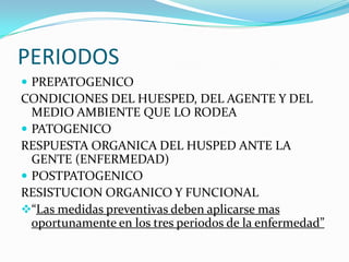 PERIODOSPREPATOGENICOCONDICIONES DEL HUESPED, DEL AGENTE Y DEL MEDIO AMBIENTE QUE LO RODEAPATOGENICORESPUESTA ORGANICA DEL HUSPED ANTE LA GENTE (ENFERMEDAD)POSTPATOGENICORESISTUCION ORGANICO Y FUNCIONAL“Las medidas preventivas deben aplicarse mas oportunamente en los tres periodos de la enfermedad”