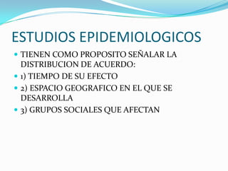 ESTUDIOS EPIDEMIOLOGICOSTIENEN COMO PROPOSITO SEÑALAR LA DISTRIBUCION DE ACUERDO:1) TIEMPO DE SU EFECTO2) ESPACIO GEOGRAFICO EN EL QUE SE DESARROLLA3) GRUPOS SOCIALES QUE AFECTAN
