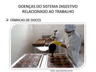 DOENÇAS DO SISTEMA DIGESTIVO
RELACIONADO AO TRABALHO
 FÁBRICAS DE DOCES
Fonte: www.dosertao.com.br
 