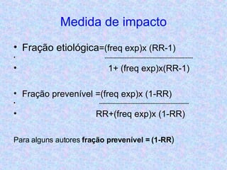 Medida de impacto Fração etiológica =(freq exp)x (RR-1) ----------------------------------------------------- 1+ (freq exp)x(RR-1) Fração prevenível =(freq exp)x (1-RR) ------------------------------------------------------ RR+(freq exp)x (1-RR) Para alguns autores  fração prevenível = (1-RR ) 