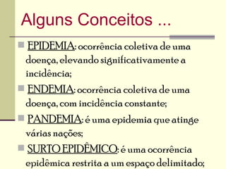 Alguns Conceitos ...
 EPIDEMIA: ocorrência coletiva de uma
 doença, elevando significativamente a
 incidência;
 ENDEMIA: ocorrência coletiva de uma
 doença, com incidência constante;
 PANDEMIA: é uma epidemia que atinge
 várias nações;
 SURTO EPIDÊMICO: é uma ocorrência
 epidêmica restrita a um espaço delimitado;
 