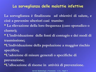 Servizio Epidemiologia e Prevenzione – A.S.L. Napoli 4
La sorveglianza delle malattie infettive
La sorveglianza è finalizzata ad obiettivi di salute, e
cioè a prevenire ulteriori casi tramite:
 La rilevazione della loro frequenza (caso sporadico o
cluster);
 L’individuazione delle fonti di contagio e dei modi di
trasmissione;
L’individuazione della popolazione a maggior rischio
specifico;
L’adozione di misure generali o specifiche di
prevenzione;
L’allocazione di risorse in attività di prevenzione.
 
