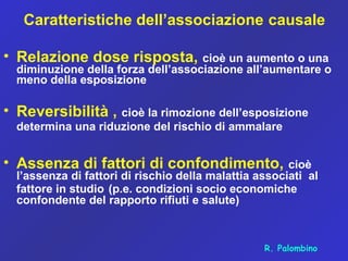 Caratteristiche dell’associazione causale
• Relazione dose risposta, cioè un aumento o una
diminuzione della forza dell’associazione all’aumentare o
meno della esposizione
• Reversibilità , cioè la rimozione dell’esposizione
determina una riduzione del rischio di ammalare
• Assenza di fattori di confondimento, cioè
l’assenza di fattori di rischio della malattia associati al
fattore in studio (p.e. condizioni socio economiche
confondente del rapporto rifiuti e salute)
R. Palombino
 