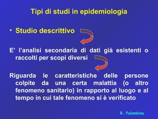 Tipi di studi in epidemiologia
• Studio descrittivo
E’ l’analisi secondaria di dati già esistenti o
raccolti per scopi diversi
Riguarda le caratteristiche delle persone
colpite da una certa malattia (o altro
fenomeno sanitario) in rapporto al luogo e al
tempo in cui tale fenomeno si è verificato
R. Palombino
 