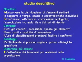 studio descrittivo
R. Palombino
Obiettivi:
Descrivere la distribuzione di fenomeni sanitari
in rapporto a tempo, spazio e caratteristiche individuali
Ipotizzare, attraverso correlazioni ecologiche,
l’associazione tra malattie e fattori di rischio
Vantaggi:
Dati già raccolti, accessibili, spesso già elaborati
Bassi costi e rapidità di esecuzione
L’uso di classificazioni standard facilita i confronti
Svantaggi:
Difficilmente si possono vagliare ipotesi etiologiche
specifiche
Distorsioni più comuni:
►Sottostima dei fenomeni per omissioni nella
segnalazione
 