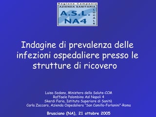 Indagine di prevalenza delle
infezioni ospedaliere presso le
strutture di ricovero
Luisa Sodano, Ministero della Salute-CCM
Raffaele Palombino Asl Napoli 4
Skerdi Faria, Istituto Superiore di Sanità
Carla Zaccaro, Azienda Ospedaliera “San Camillo-Forlanini”-Roma
Brusciano (NA), 21 ottobre 2005
 