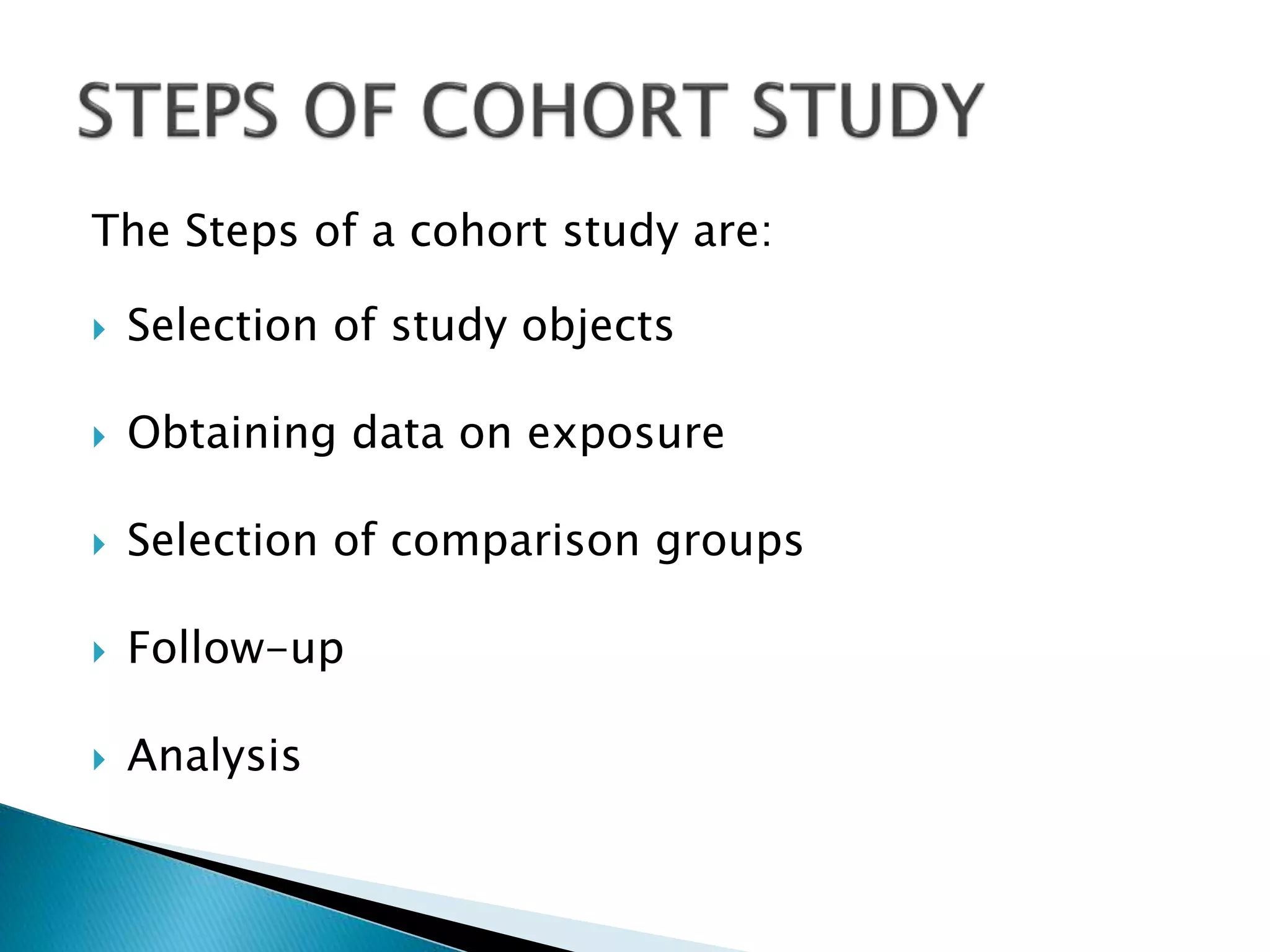The Steps of a cohort study are:
 Selection of study objects
 Obtaining data on exposure
 Selection of comparison groups
 Follow-up
 Analysis
 
