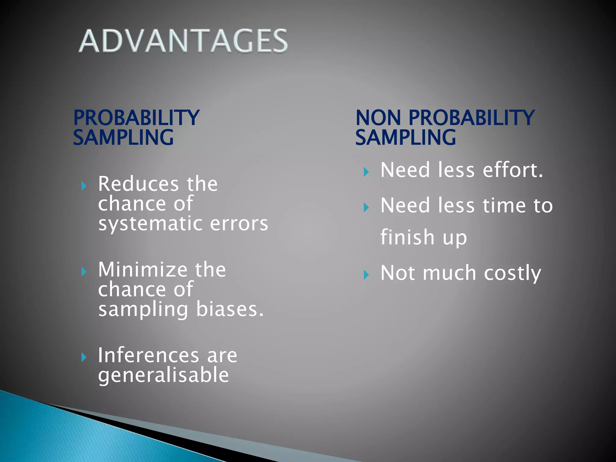 PROBABILITY
SAMPLING
 Reduces the
chance of
systematic errors
 Minimize the
chance of
sampling biases.
 Inferences are
generalisable
NON PROBABILITY
SAMPLING
 Need less effort.
 Need less time to
finish up
 Not much costly
 