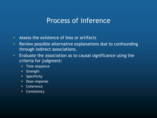 Process of inference
• Assess the existence of bias or artifacts
• Review possible alternative explanations due to confounding
through indirect associations.
• Evaluate the association as to causal significance using the
criteria for judgment:
 Time sequence
 Strength
 Specificity
 Dose response
 Coherence
 Consistency
 