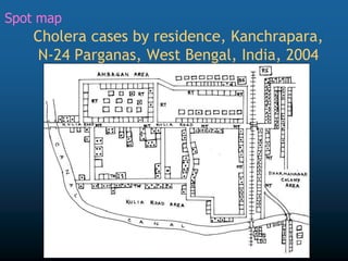 Cholera cases by residence, Kanchrapara,
N-24 Parganas, West Bengal, India, 2004
Spot map
 