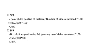  SPR
= no of slides positive of malaria / Number of slides examined * 100
= 400/2000 * 100
=20%
 SFR
=No. of slides positive for falciparum / no of slides examined *100
=150/2000*100
=7.5%
 