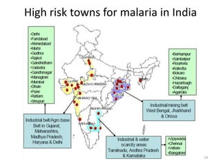 High risk towns for malaria in India
14
 
